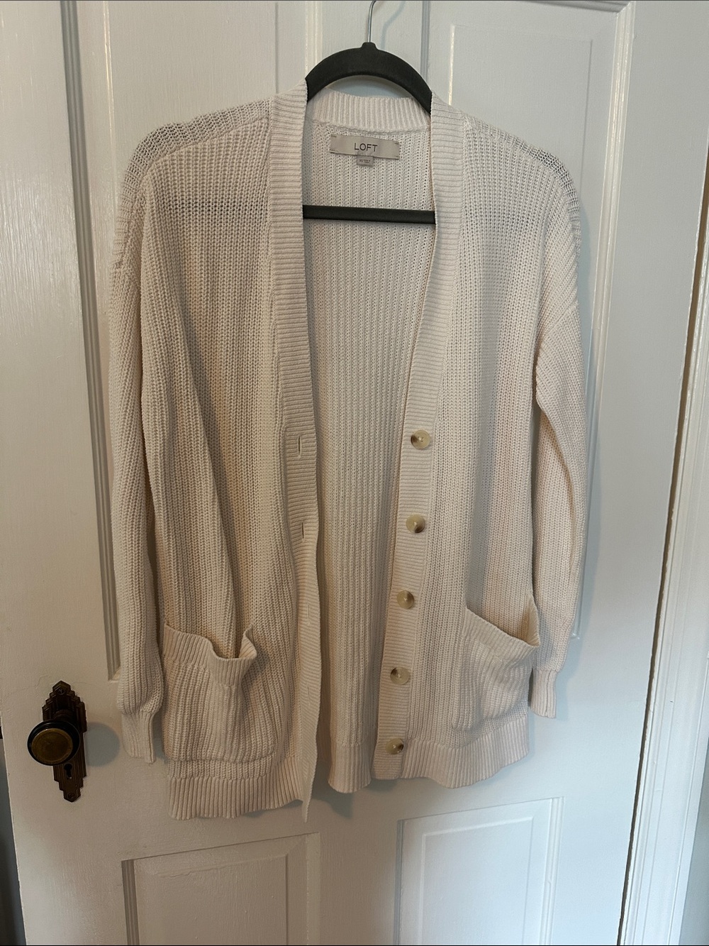 LOFT Cream Open-Knit Button Cardigan